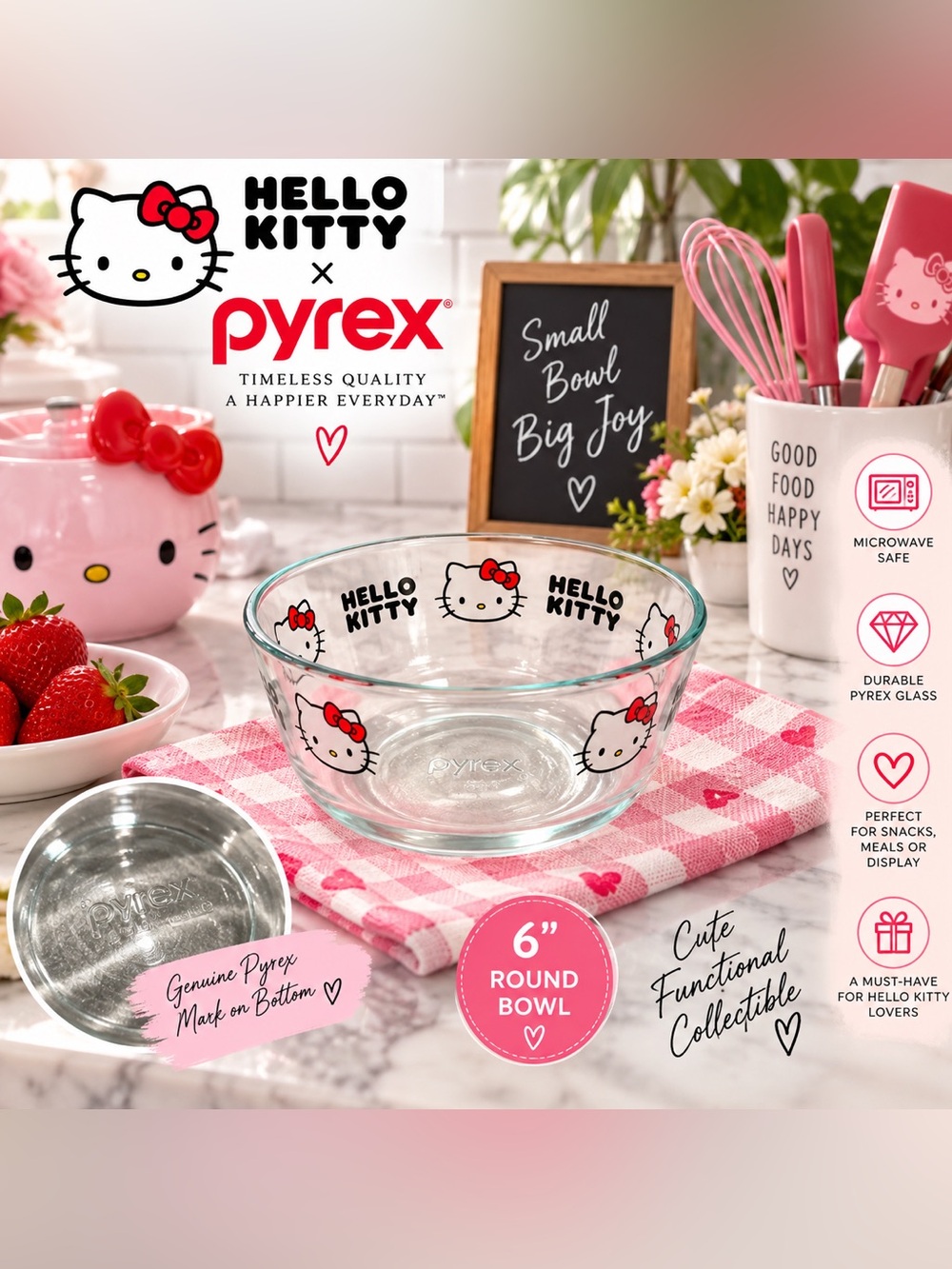 Pyrex Hello Kitty Clear Glass Bowl with Pink and Red Accents